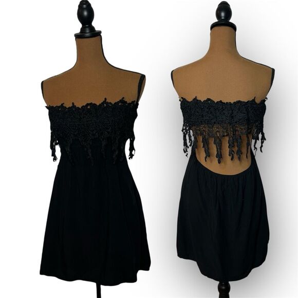 Lulus, Strapless Open Back Mini Little Black Dress, Crochet Trim, Women’s Small - Picture 1 of 12